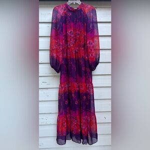 Stunning purple, orange, pink, and red floral maxi dress.